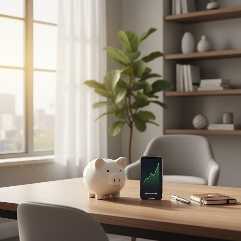 NISAでの月1万円積立投資をイメージした貯金箱とスマートフォンの投資グラフの画像