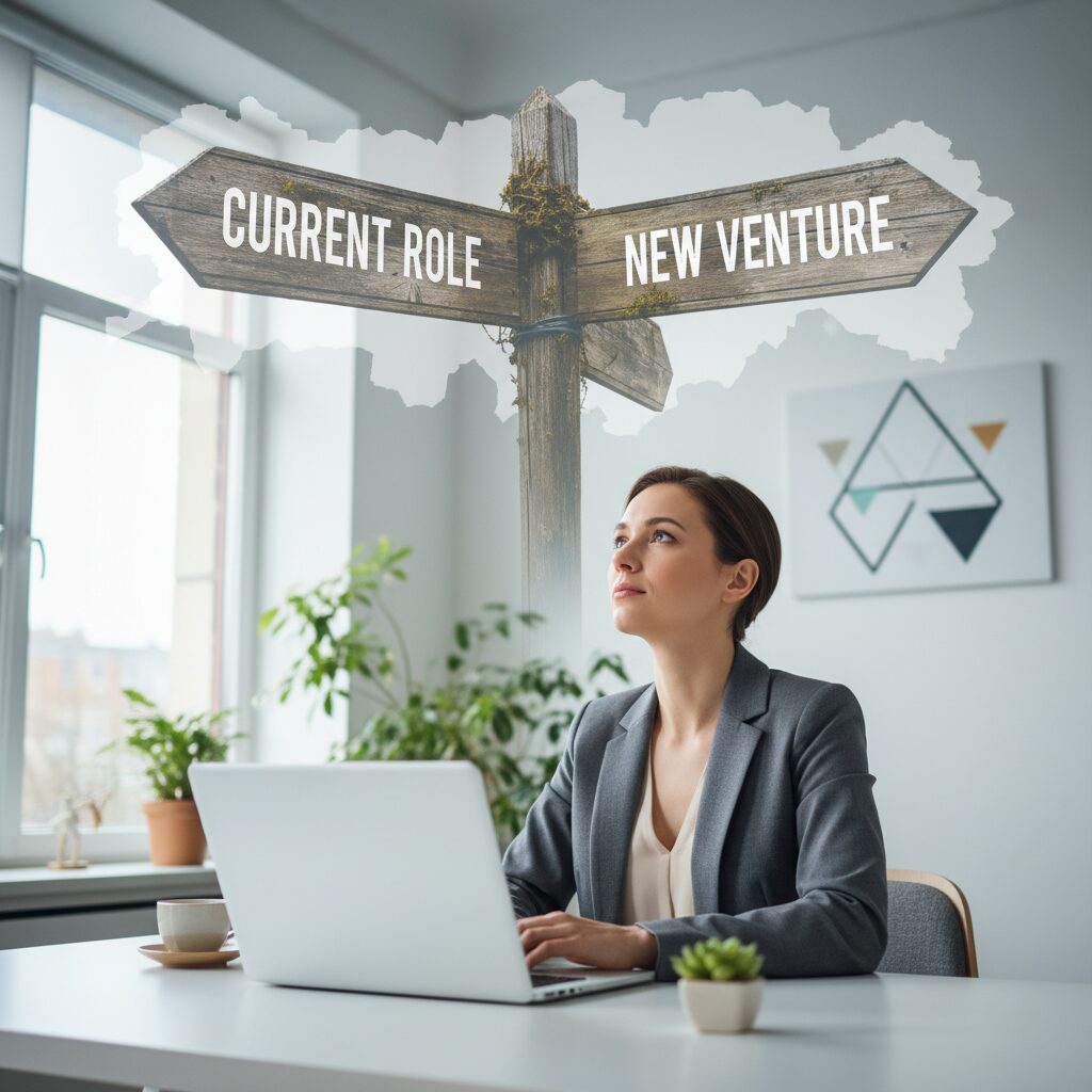 転職を迷い、交差点で立ち止まって将来を考えるビジネスパーソンのイメージ