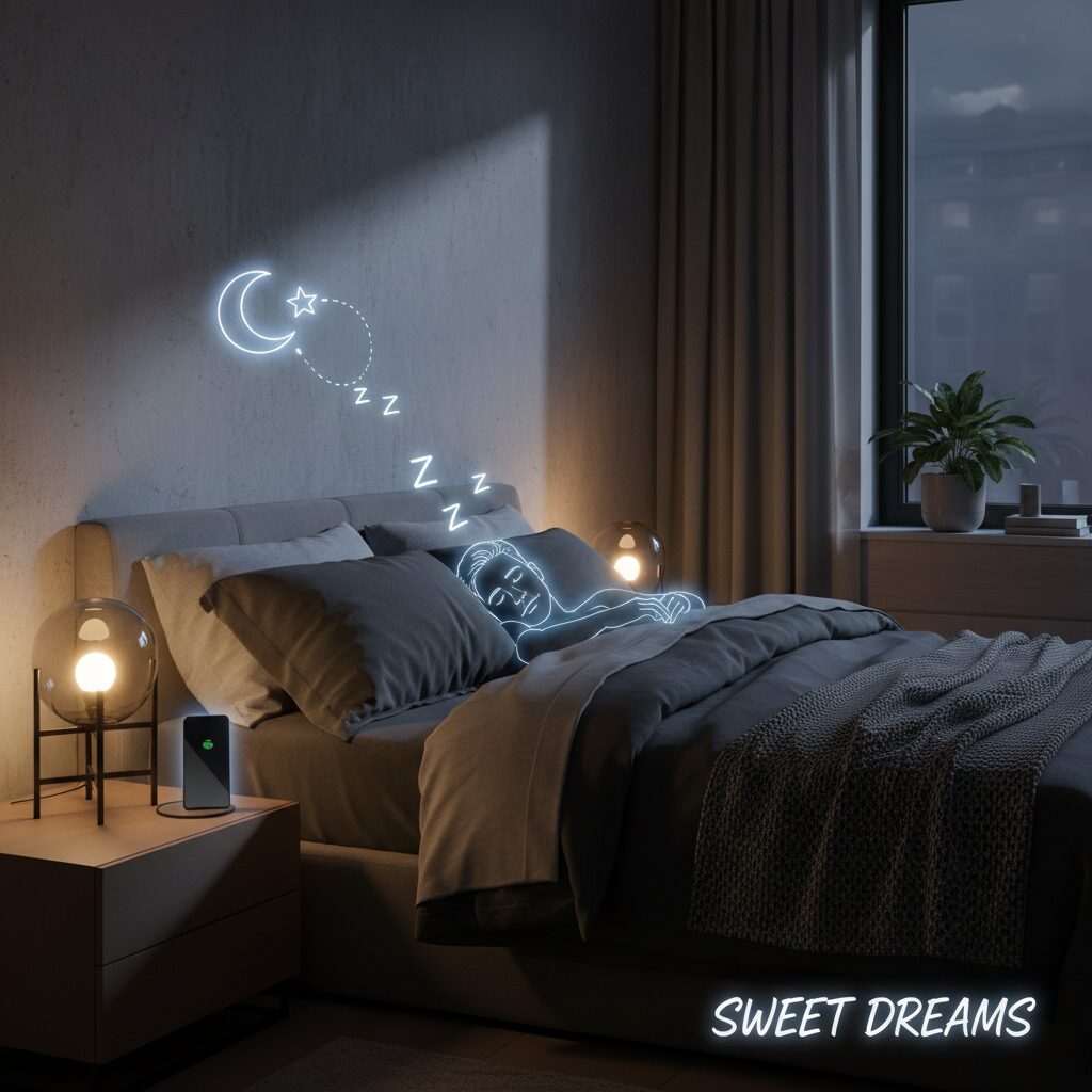 薄暗くリラックスした雰囲気の寝室で、サイドテーブルにスマートフォンを置いた男性の快眠環境のイメージ