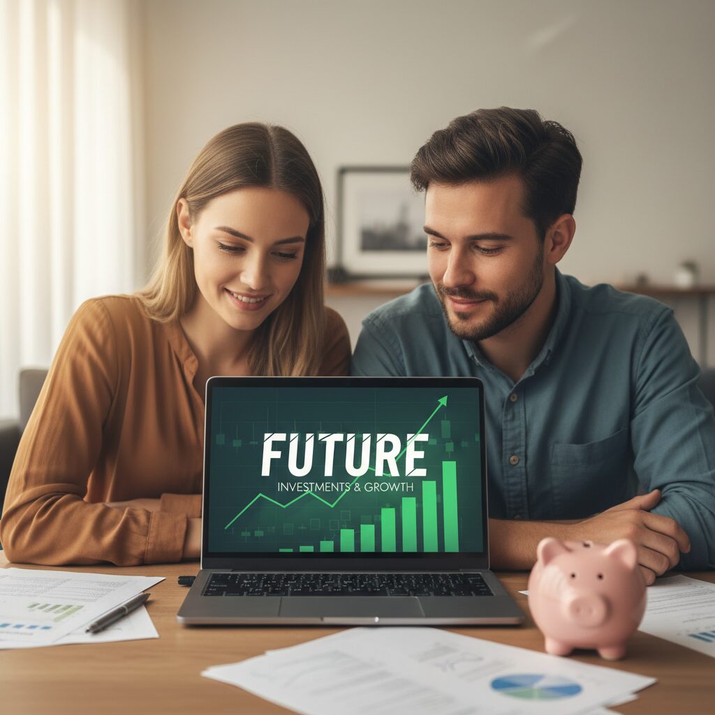 住宅ローンの借り換えを検討する夫婦がパソコンで金利を比較している様子