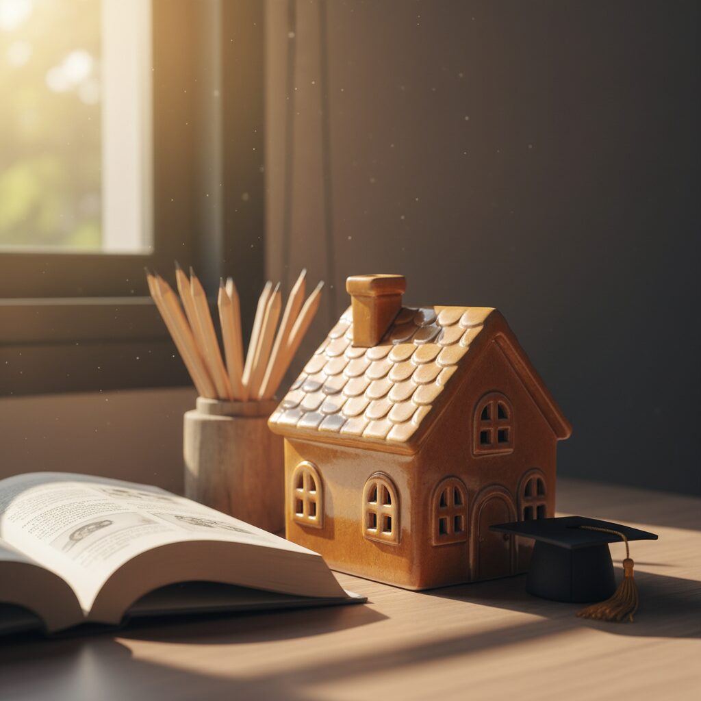 学資保険の元本割れリスクと教育資金準備をイメージした、貯金箱と文房具のビジュアル