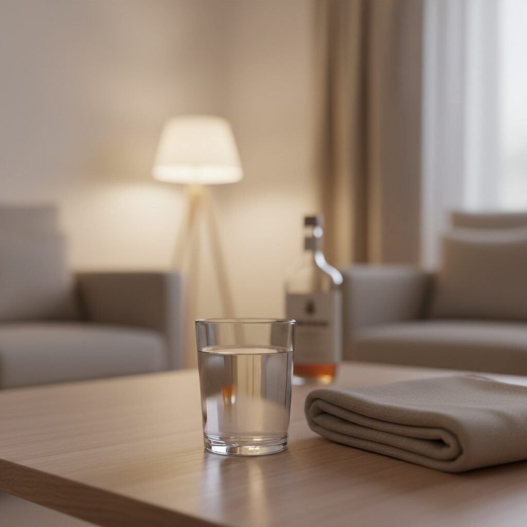 急性アルコール中毒の応急処置と安全な環境をイメージした、水と毛布、ぼかしたグラスのある静かな室内の様子