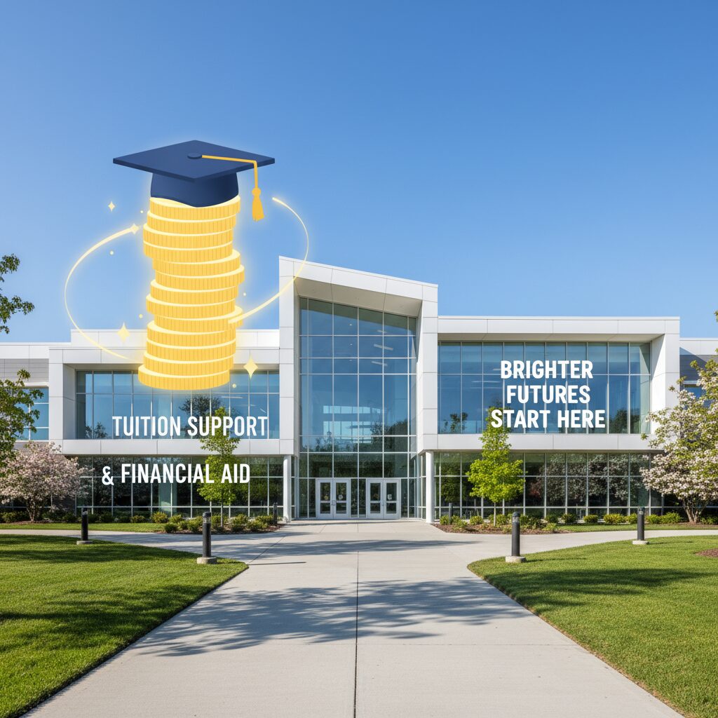 青空と私立高校の校舎、そして教育支援を象徴するコインのグラフィック。2026年度からの私立高校無償化をイメージした画像です。