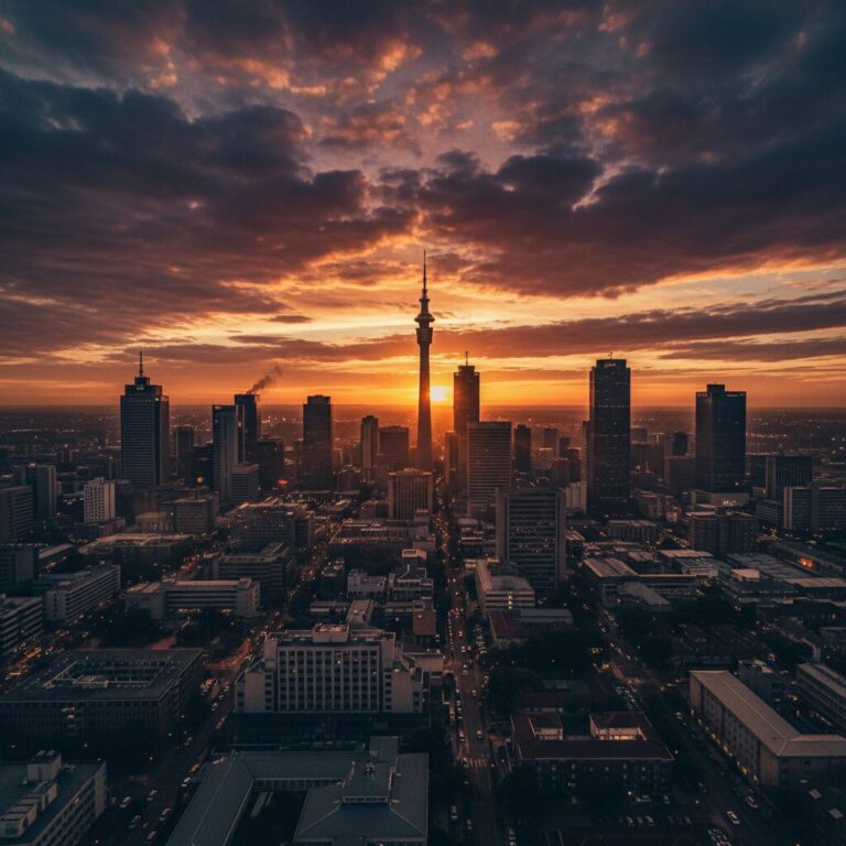 南アフリカの都市ヨハネスブルグのビル群と夕暮れの空の風景