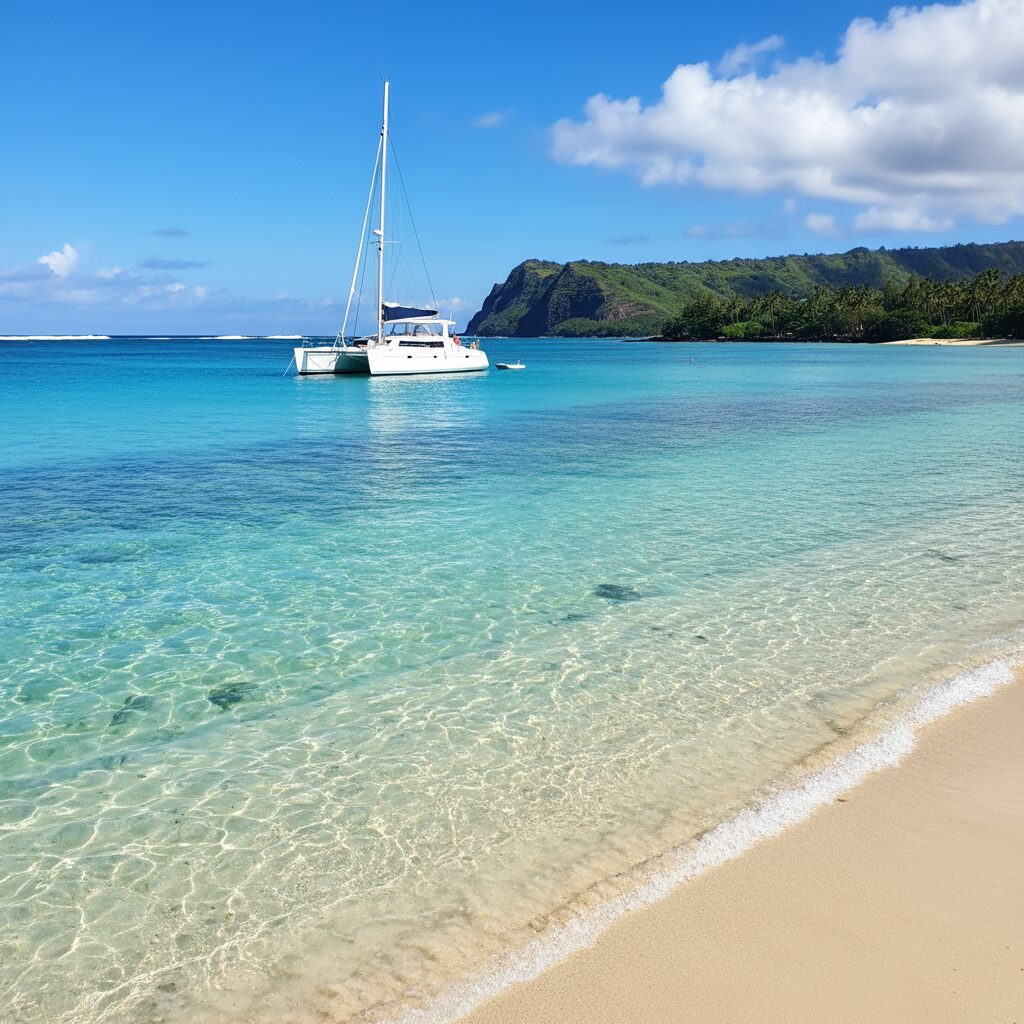 ハワイの美しいサンドバーと透明度の高い海に浮かぶボートの風景
