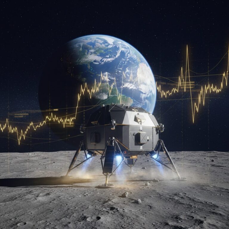 月の表面に着陸しようとするispaceの月着陸船と、右肩上がりの株価チャートが重なったイメージ画像。宇宙の壮大さと経済のダイナミズムを表現。