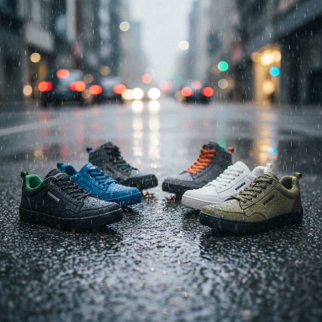 ワークマンの人気防水シューズが雨の中で撥水している様子