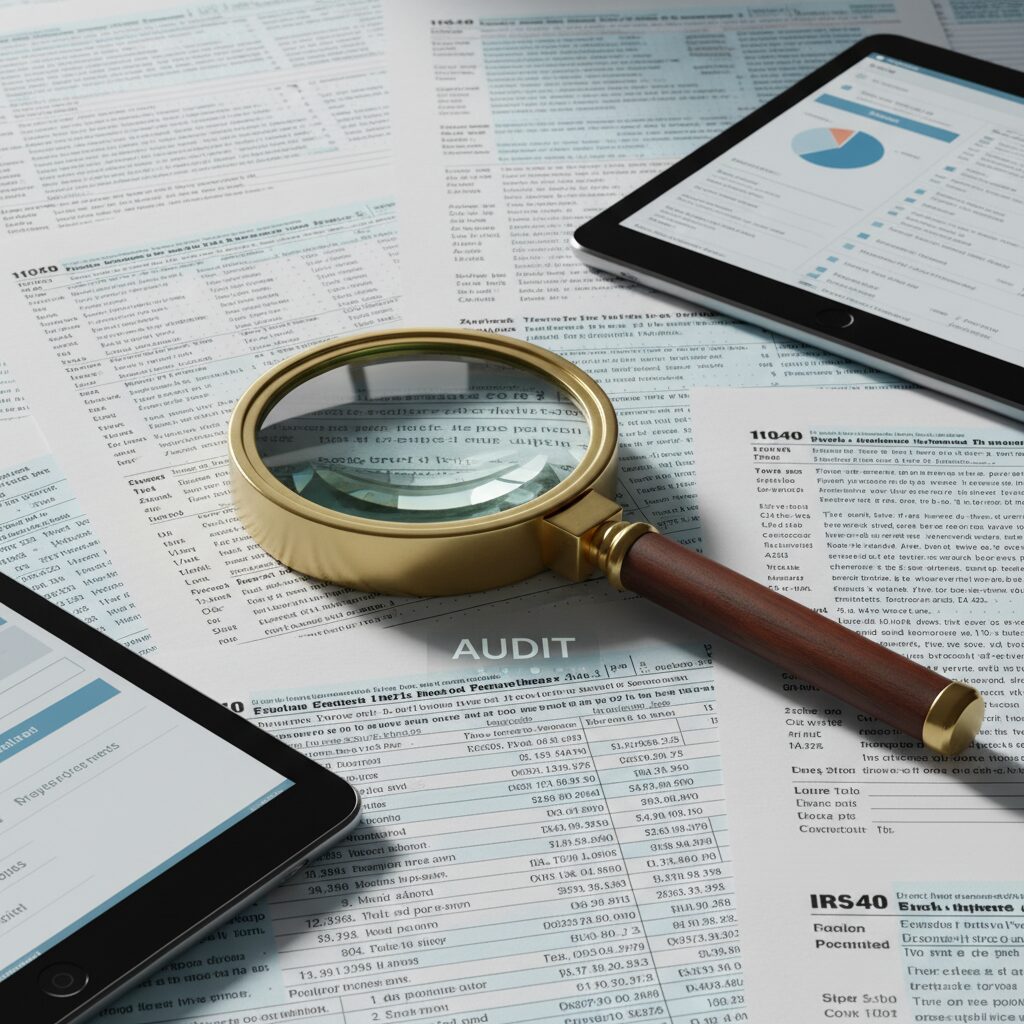 税務調査の書類と虫眼鏡、ビジネスの透明性を象徴するイメージ