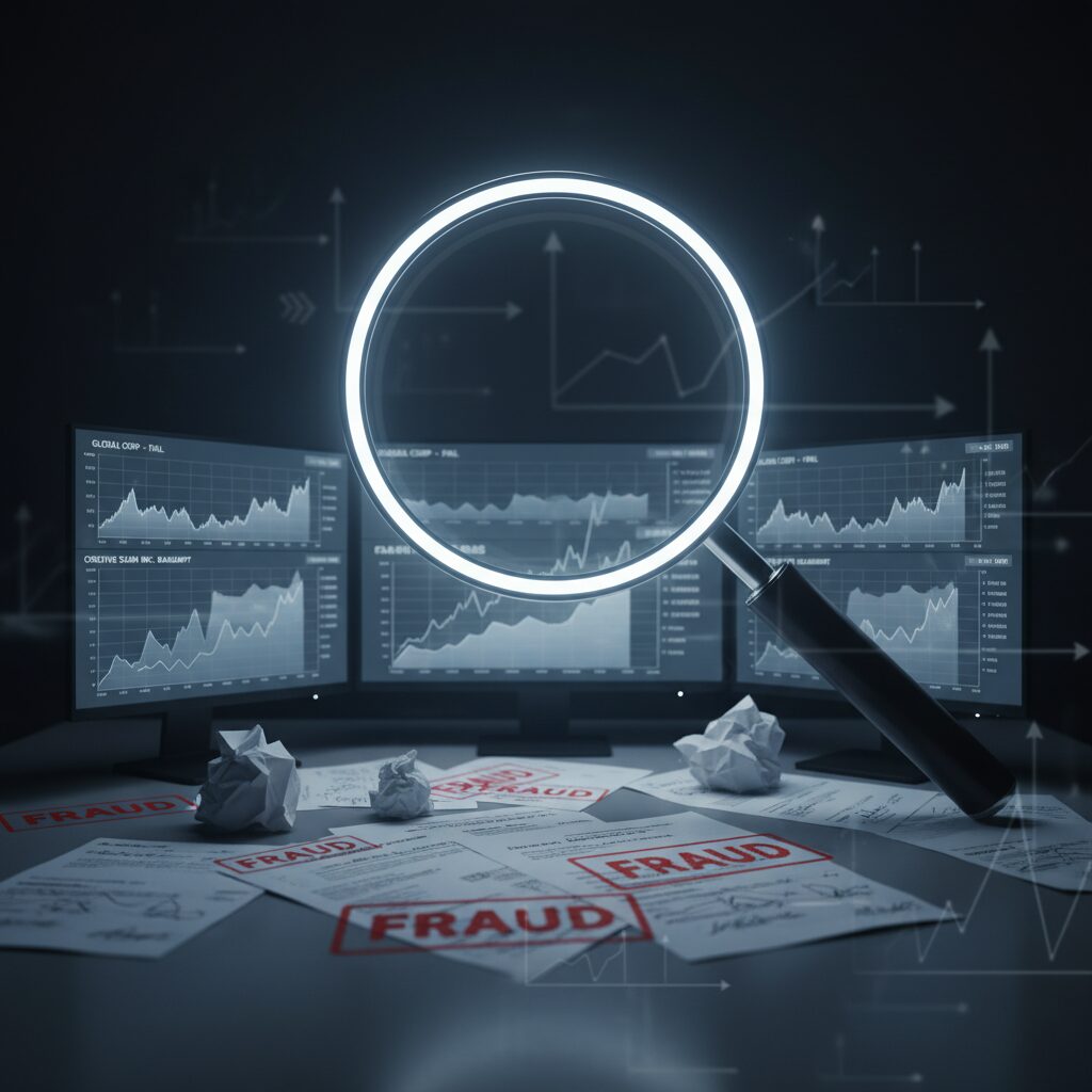 架空取引や詐欺、法律的な捜査をイメージしたビジネス文書と虫眼鏡のイラスト。重厚でシリアスな雰囲気。