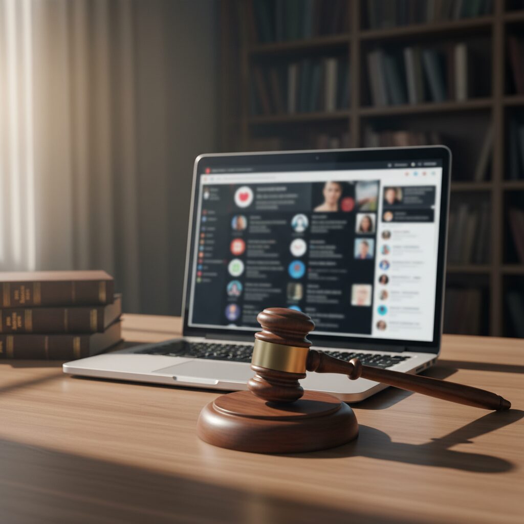 SNSのなりすまし被害と法的な解決を象徴する裁判所のハンマーとスマートフォンのイメージ画像