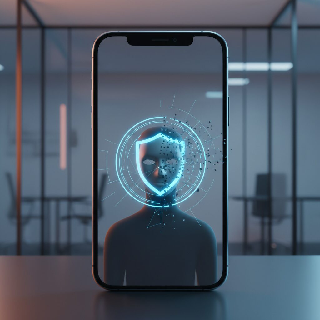 SNSなりすましアカウントの削除依頼をイメージした、セキュリティとデジタルのクリーンなイラスト。盾のアイコンが偽のプロフィールを消去している様子。