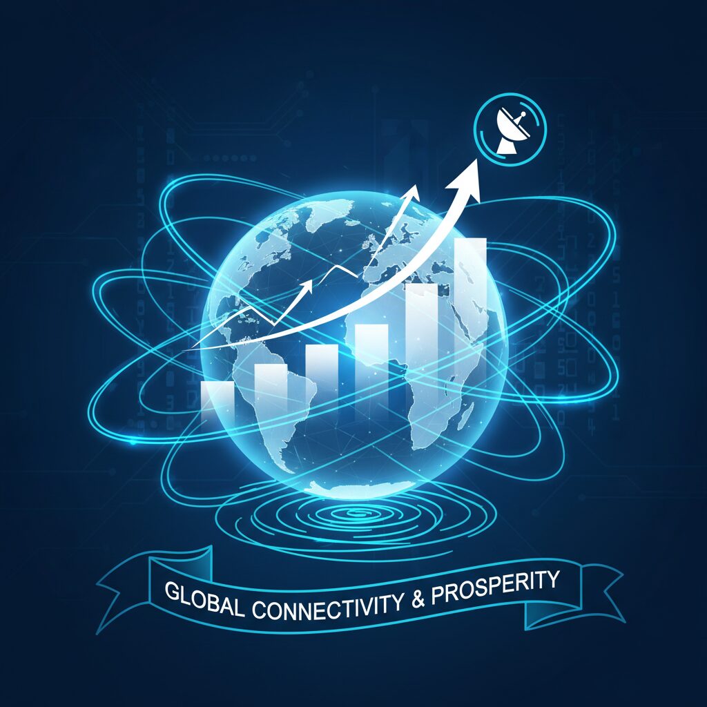 KDDIのロゴと上昇する株価グラフ、5G通信ネットワークを象徴するデジタルな背景イメージ