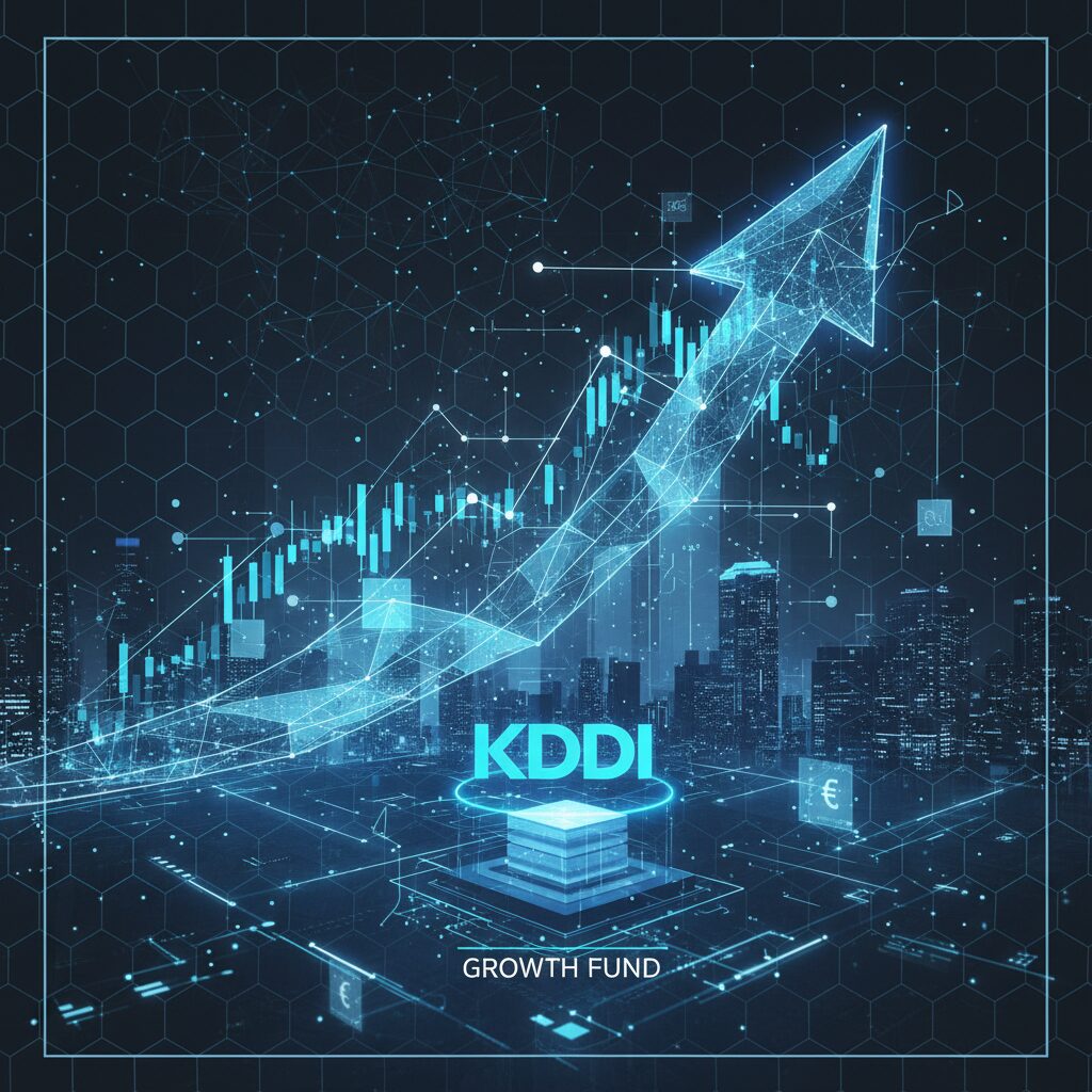 上昇する株価チャートと5G通信網をイメージしたサイバー空間のイラスト