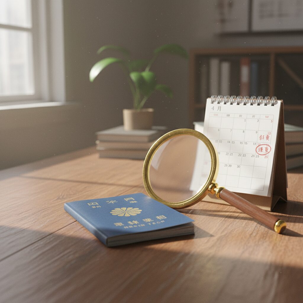 A conceptual 3D illustration of a Japanese pension booklet on a desk with a calendar and magnifying glass.