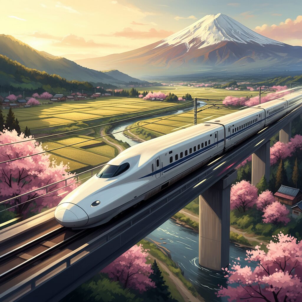 日本の風景の中を走る新幹線のスタイリッシュなイメージ画像