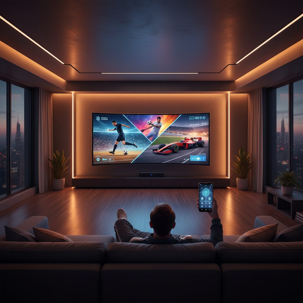 DAZNのロゴと様々なスポーツの試合が映るモニター、そしてスマートフォンを操作する人のイメージ画像