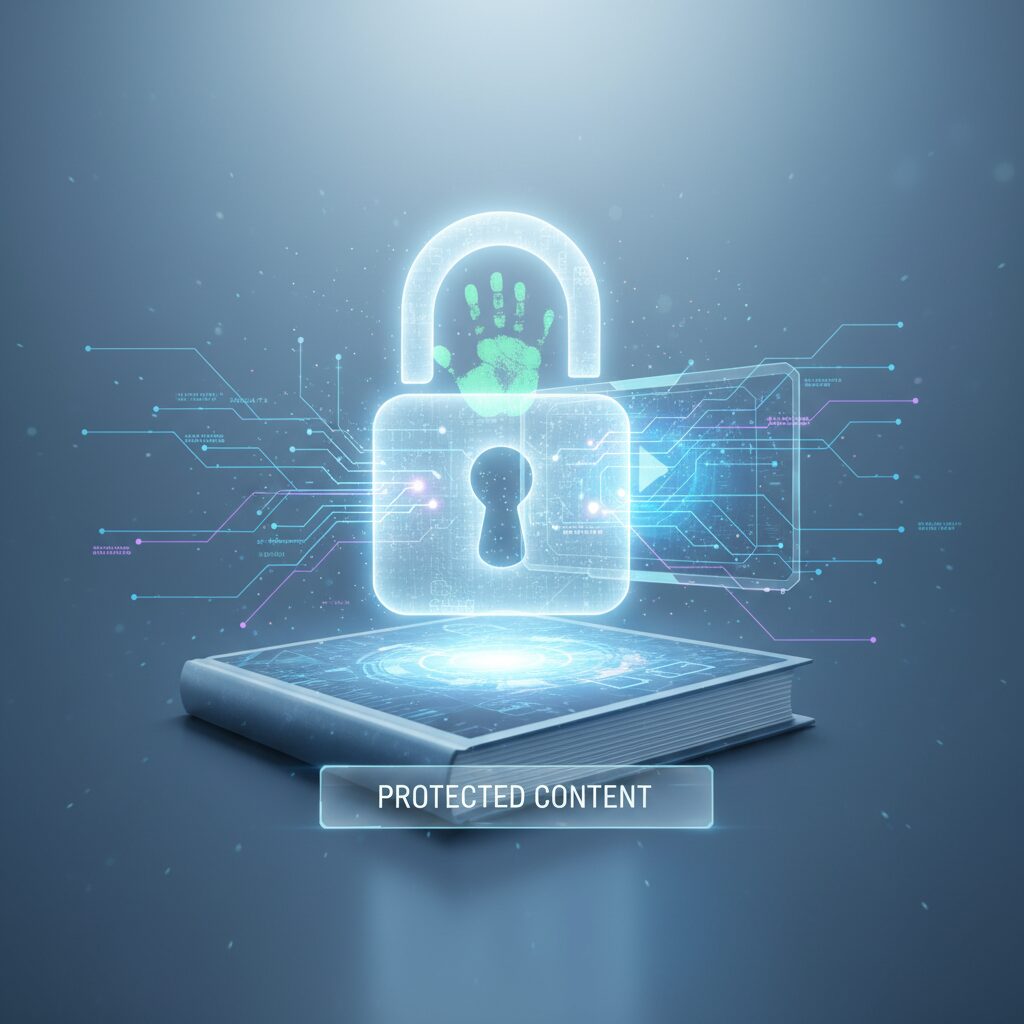 Digital lock icon on a screen representing DRM protection and legal restrictions.