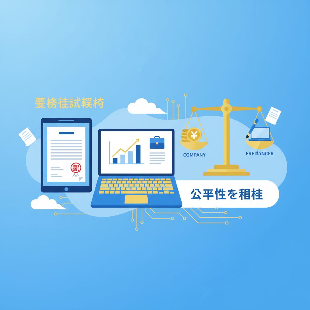 フリーランス新法の施行を象徴する、契約書と天秤のイラスト