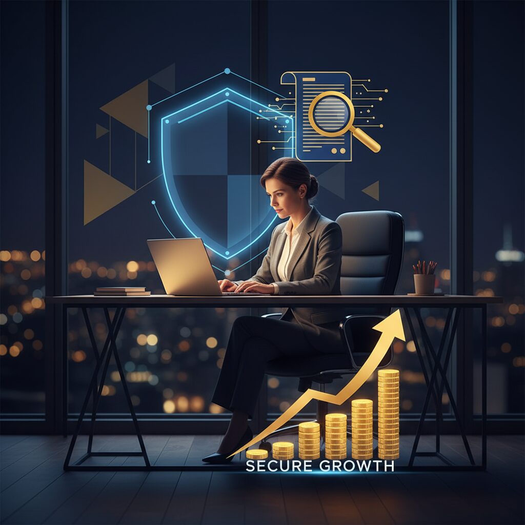 暗い部屋でノートパソコンに向かう会社員の背後にある、鍵と住民税の書類のイメージ。副業が会社にバレないための対策を象徴しています。