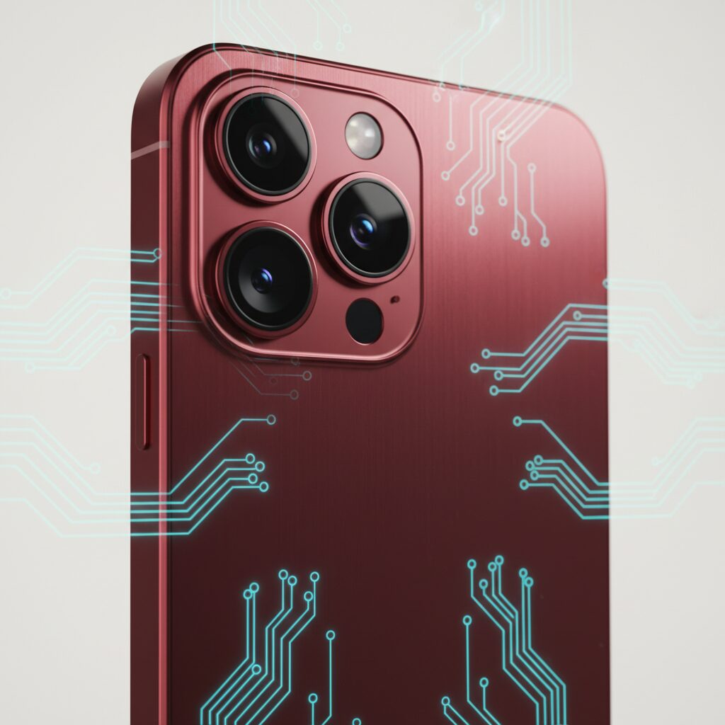 iPhone 18 Pro Maxのコンセプトイメージ。深紅色のボディと巨大なレンズユニットが特徴的なデザイン。