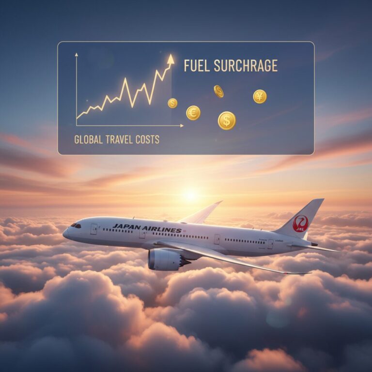 雲海を飛ぶ飛行機と燃油サーチャージの変動グラフをモチーフにしたアイキャッチ画像