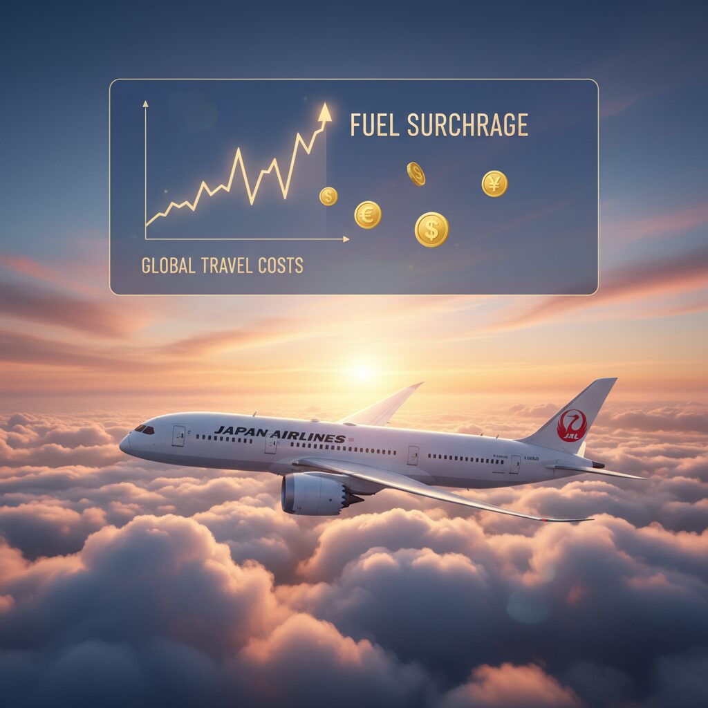 雲海を飛ぶ飛行機と燃油サーチャージの変動グラフをモチーフにしたアイキャッチ画像