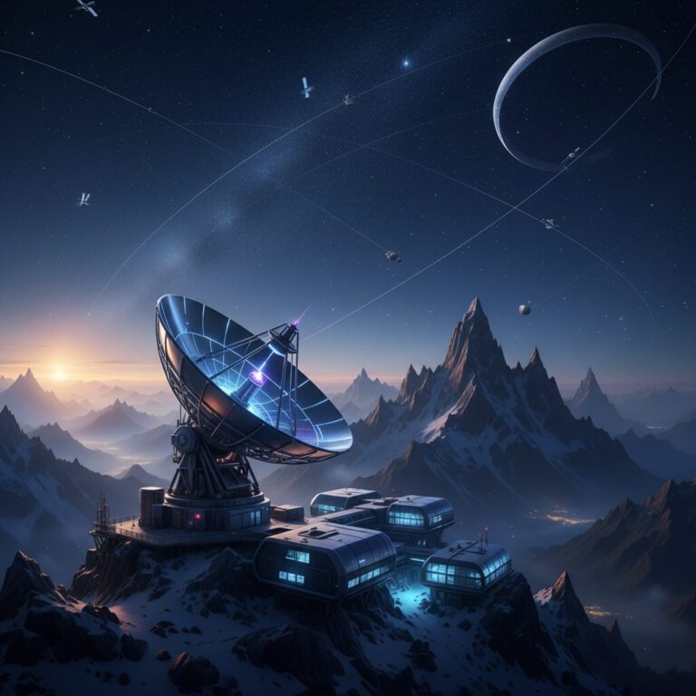 大自然の中に設置されたスターリンクのアンテナと星空のイメージ