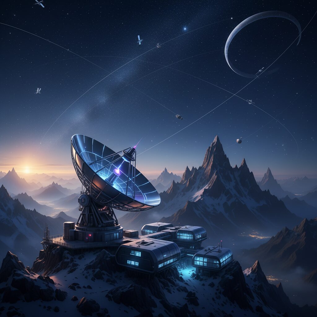 大自然の中に設置されたスターリンクのアンテナと星空のイメージ