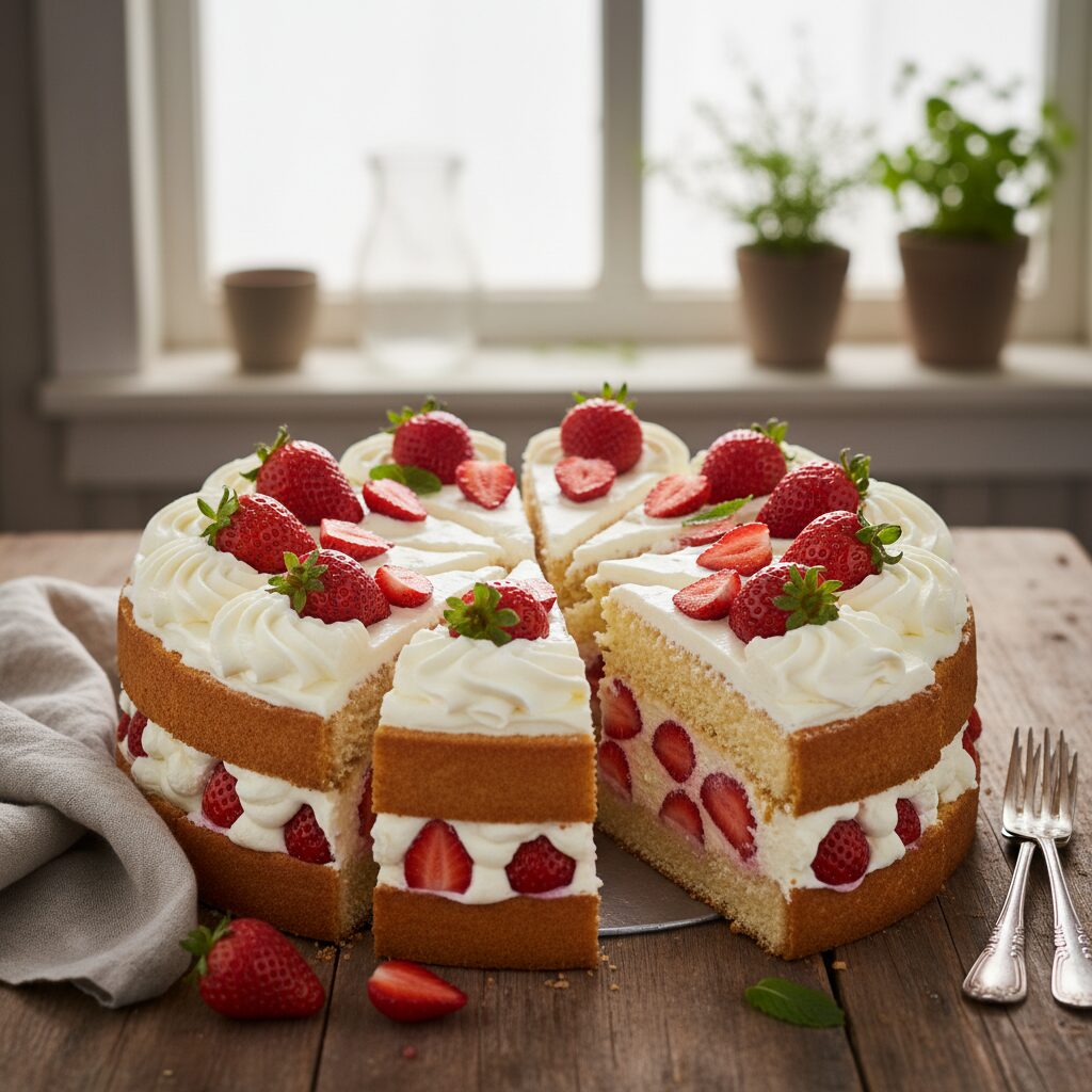 コストコで販売されている不二家の冷凍ストロベリーショートケーキ。10個にカットされた状態の全体像。