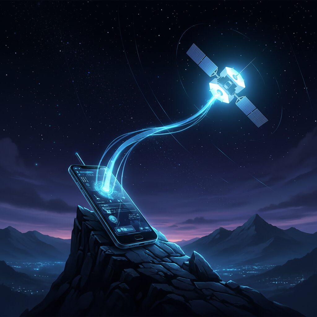 山頂で衛星と通信するスマートフォンのイメージ図