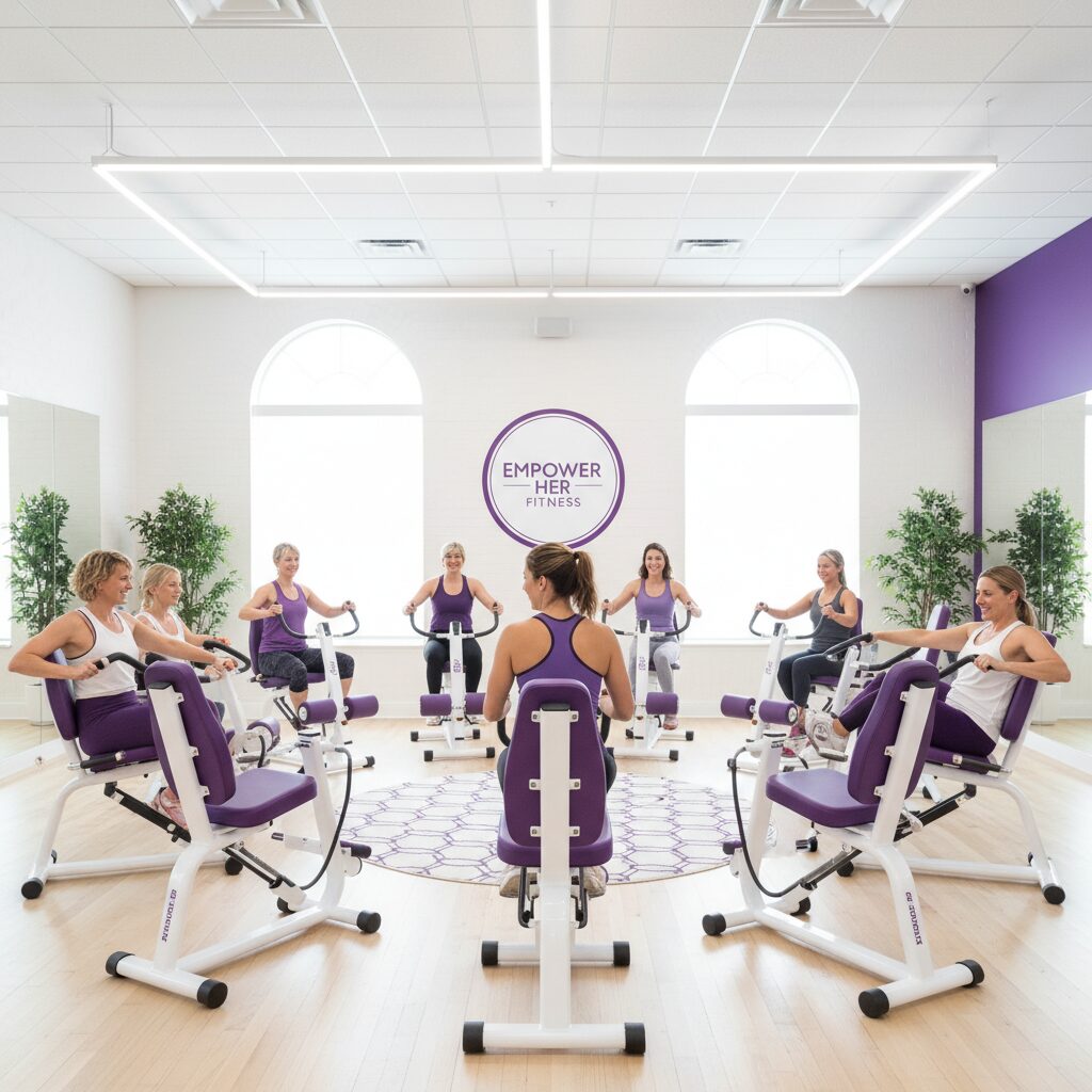 カーブスの明るい店内で油圧マシンが並ぶサーキットトレーニングの様子