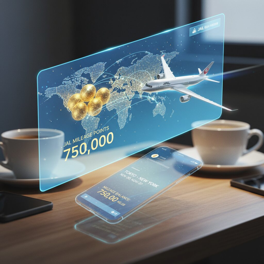 JALマイルのポイントが貯まるイメージと空を飛ぶ飛行機