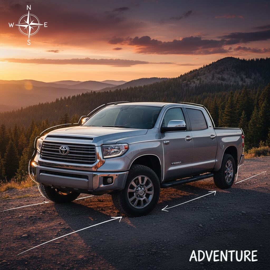 夕暮れの山道を力強く走行するシルバーのトヨタ・タンドラ。圧倒的な存在感とタフな外観が強調されたフォトリアルなイメージ。