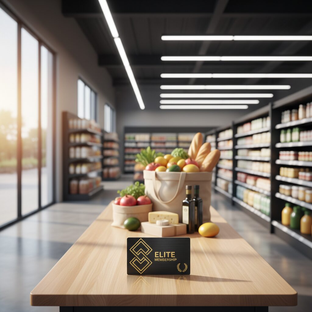 コストコの会員カードとショッピングバッグが置かれた店内イメージ