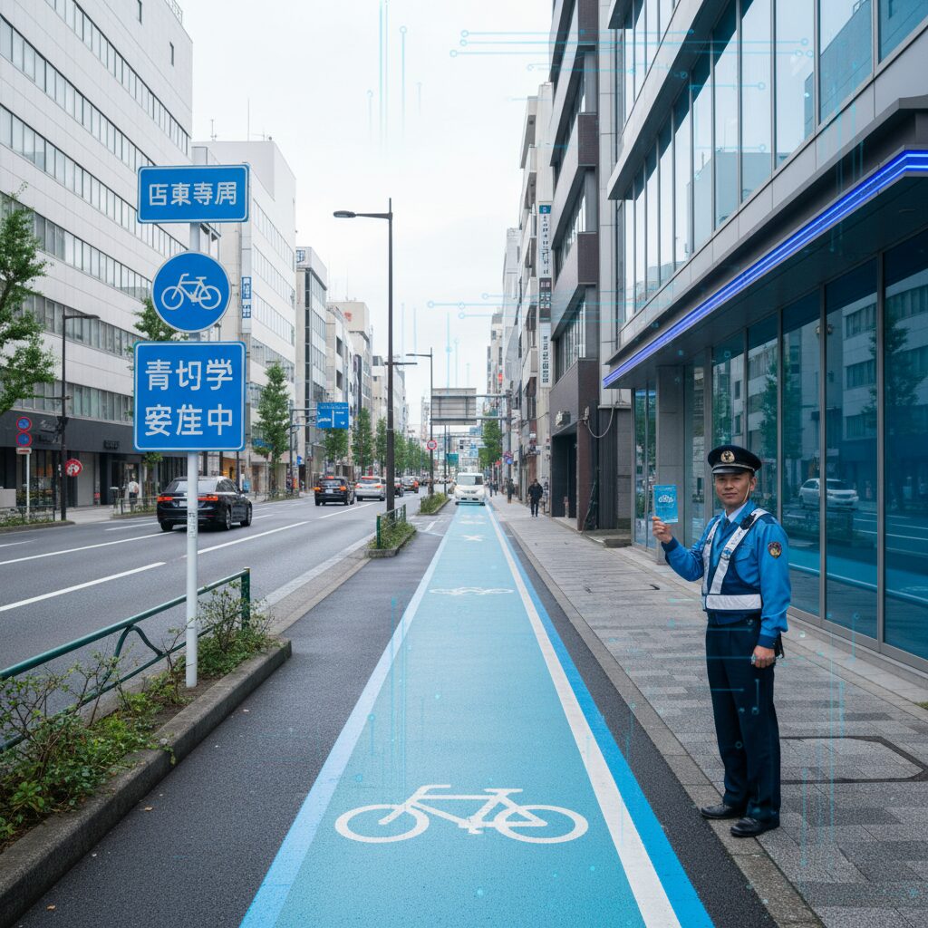神奈川県の市街地を走る自転車と道路標識のイメージ画像