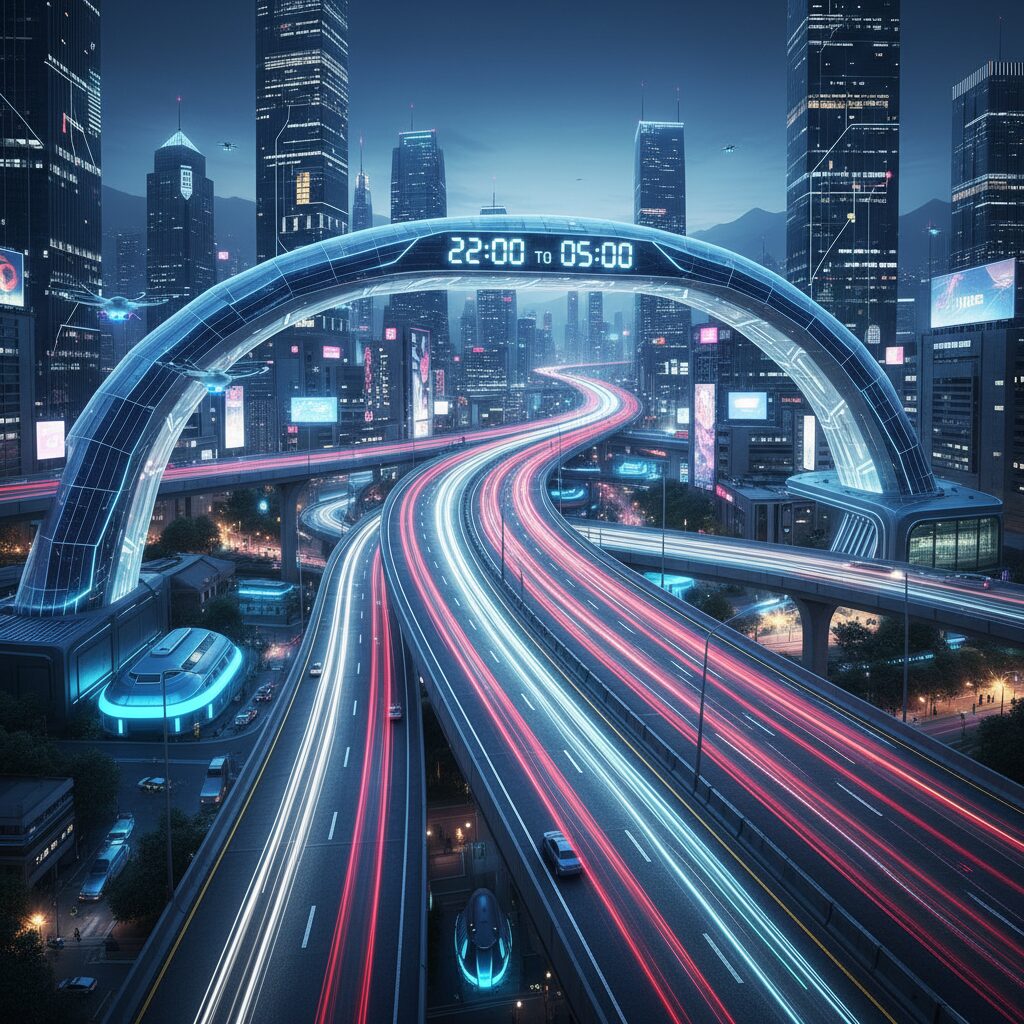 夜の高速道路で車のライトが流れる様子と深夜割引の適用時間をイメージしたデジタル時計のビジュアル