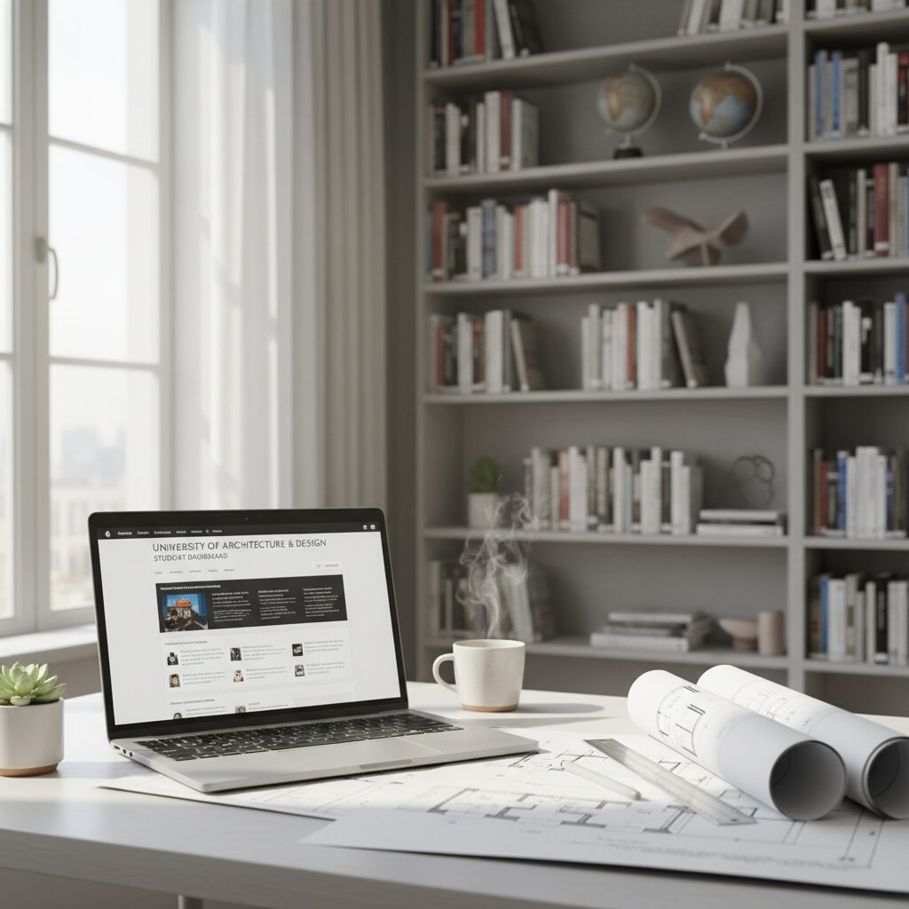 オンライン学習用のノートパソコンと建築図面、参考書が並ぶ明るいデスクの風景。近畿大学通信教育部の学びをイメージしています。