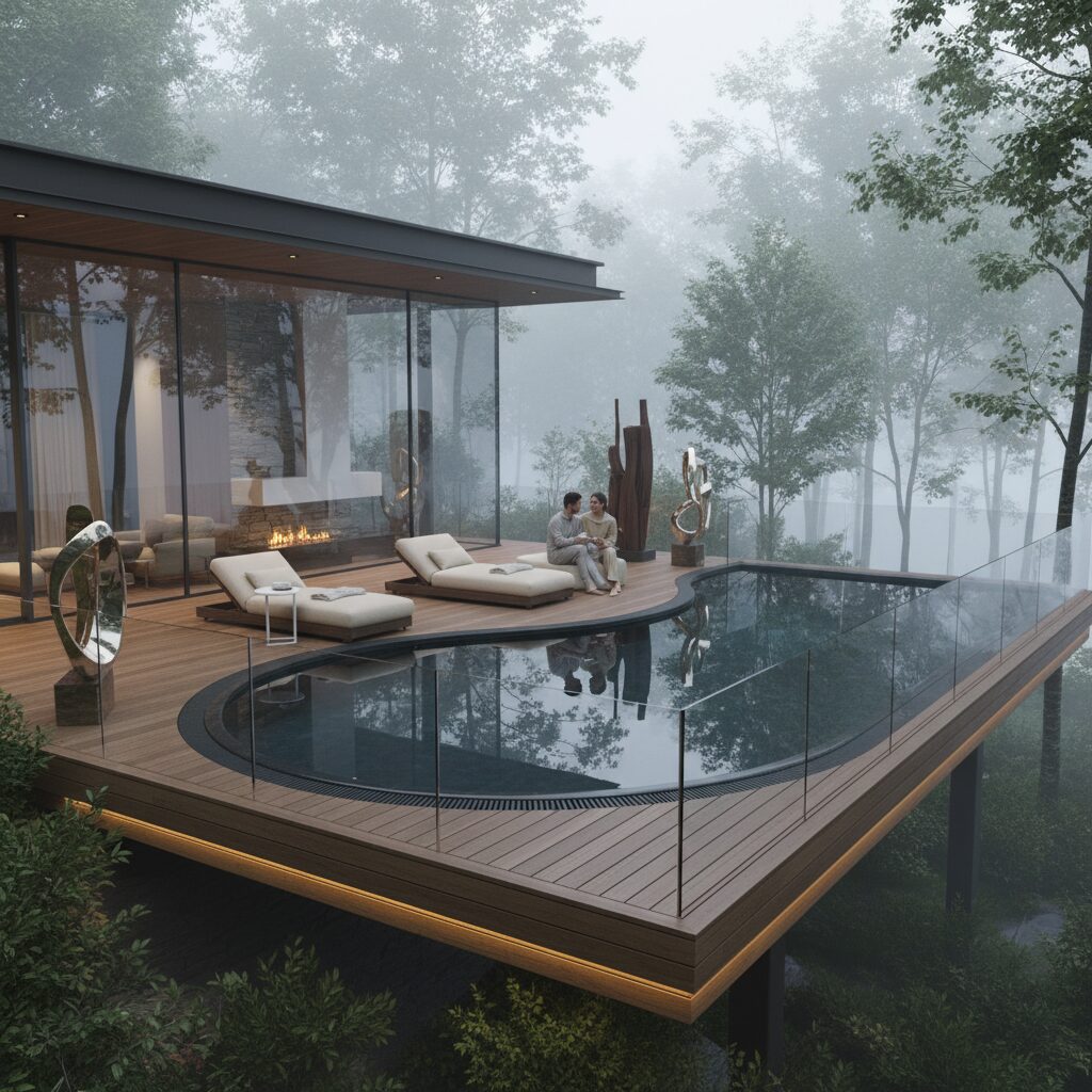 軽井沢の深い緑に囲まれた、木材とガラスを多用した洗練された別荘の外観