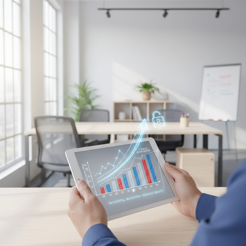 離職率の計算方法を解説するビジネスグラフとオフィスイメージ