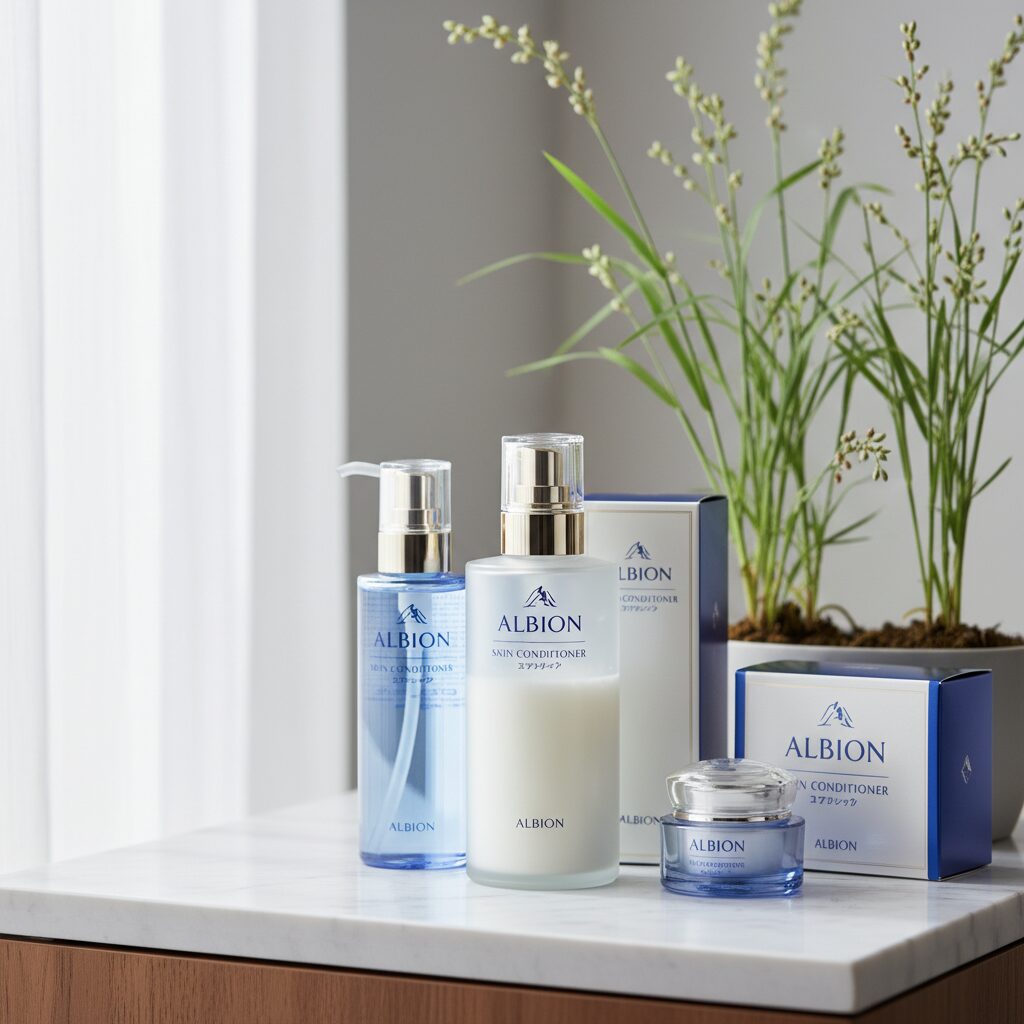 アルビオンの薬用スキンコンディショナーを中心としたスキンケア製品の並び