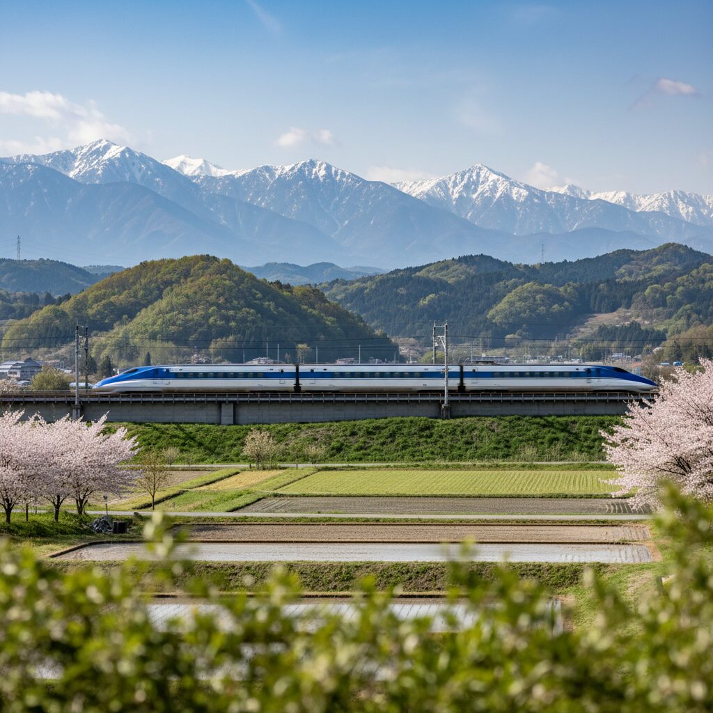 雪山を背景に走るスタイリッシュな北陸新幹線E7系車両の風景