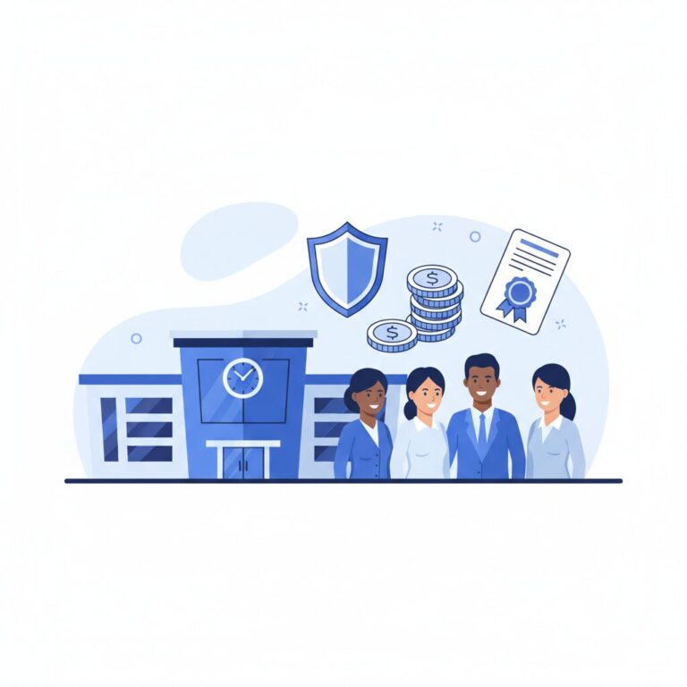 私立学校の校舎と教職員をイメージした、信頼感のある年金制度のコンセプトイラスト