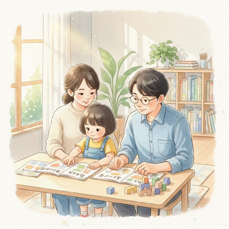 小学校受験に向けて親子で楽しく学習に取り組む様子を表現した温かいイラスト