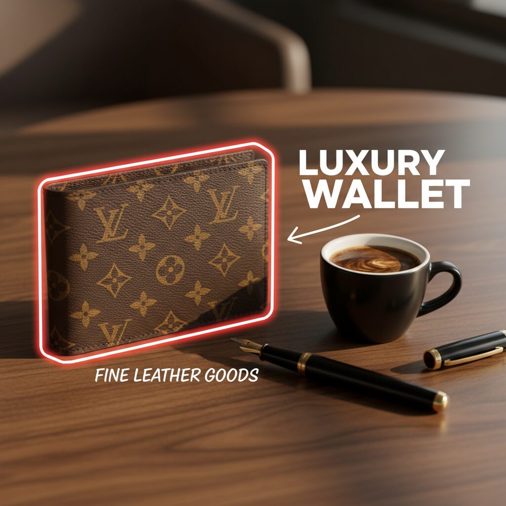 ルイ・ヴィトンのモノグラム財布とコーヒー、高級感のあるライフスタイルシーン
