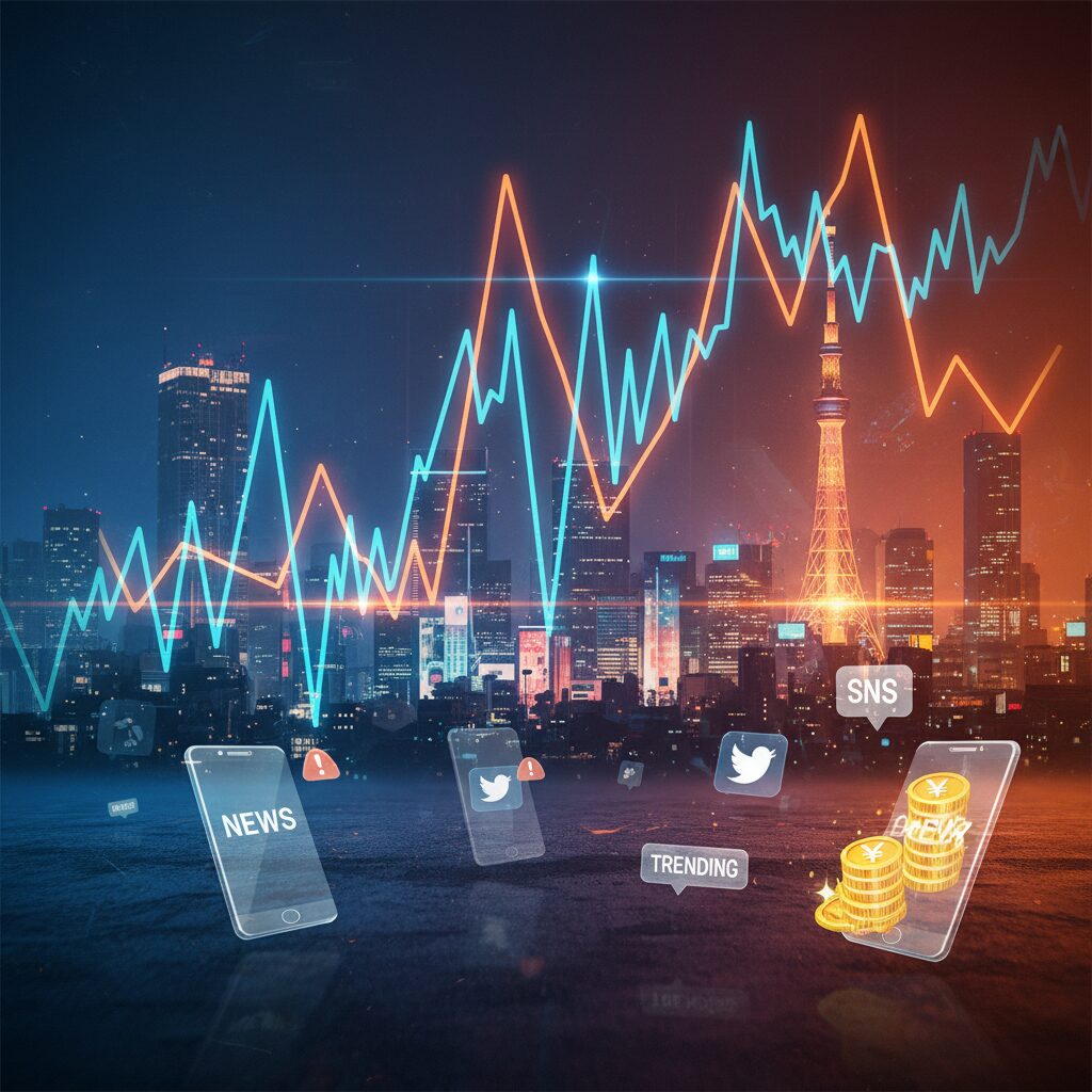 日経平均株価の変動グラフとデジタルデバイスを操作する投資家のイメージ