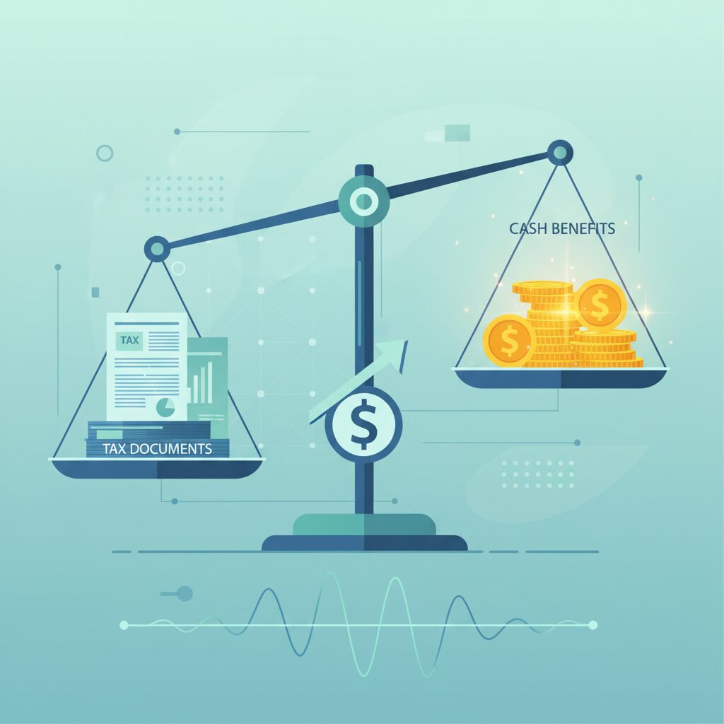 税金の書類と現金が天秤に乗っている、給付付き税額控除をイメージしたイラスト