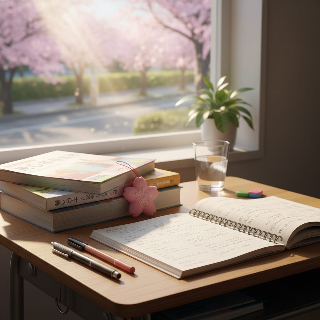 高校受験の勉強に励む中学生のデスクと朝日が差し込む窓辺の風景