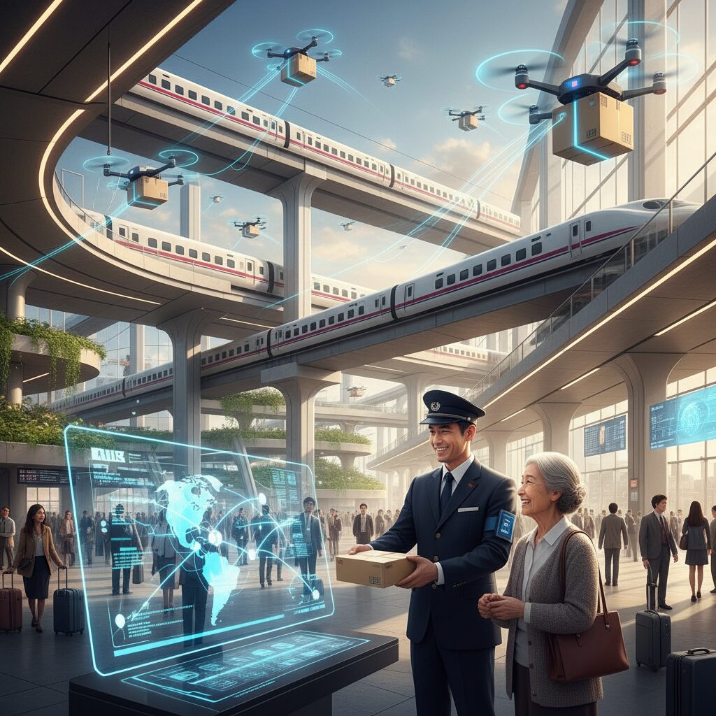 郵便局、駅、ドローン、そして人の触れ合いが調和した日本の風景