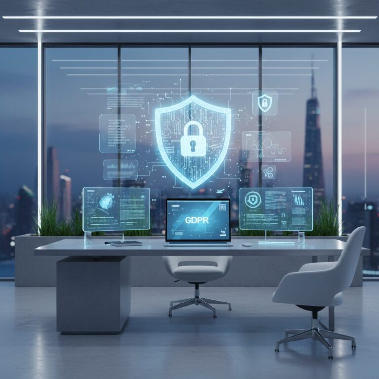 データ保護を象徴するシールドが表示されたパソコンとオフィスの風景