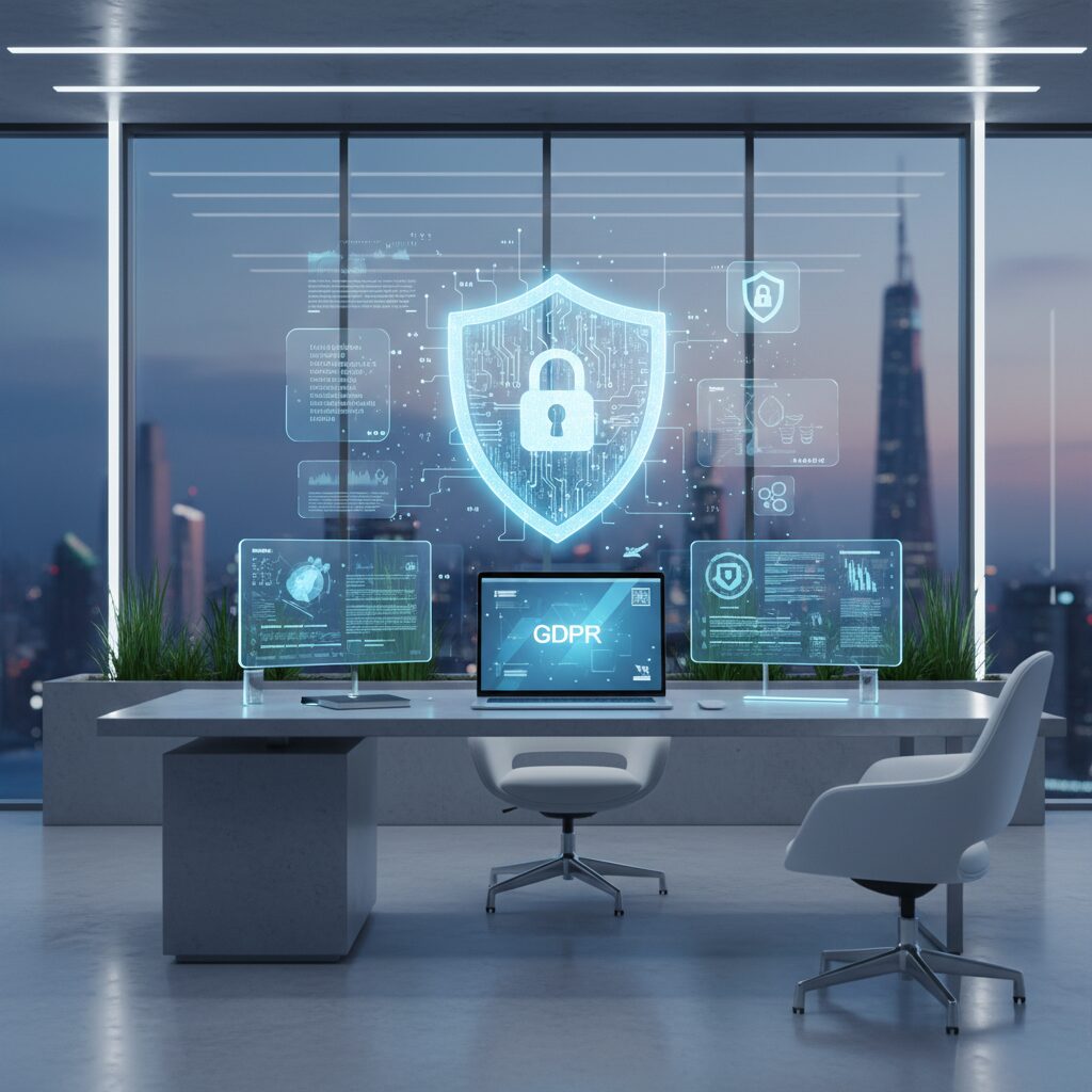 データ保護を象徴するシールドが表示されたパソコンとオフィスの風景